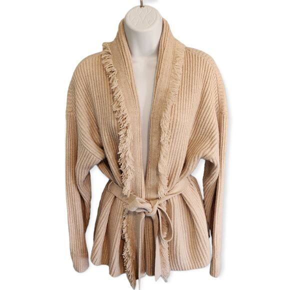 INTERMIX Sweaters - Intermix Charlie Cream Wool Cashmere Blend Fringed Ribbed Cardigan size Small